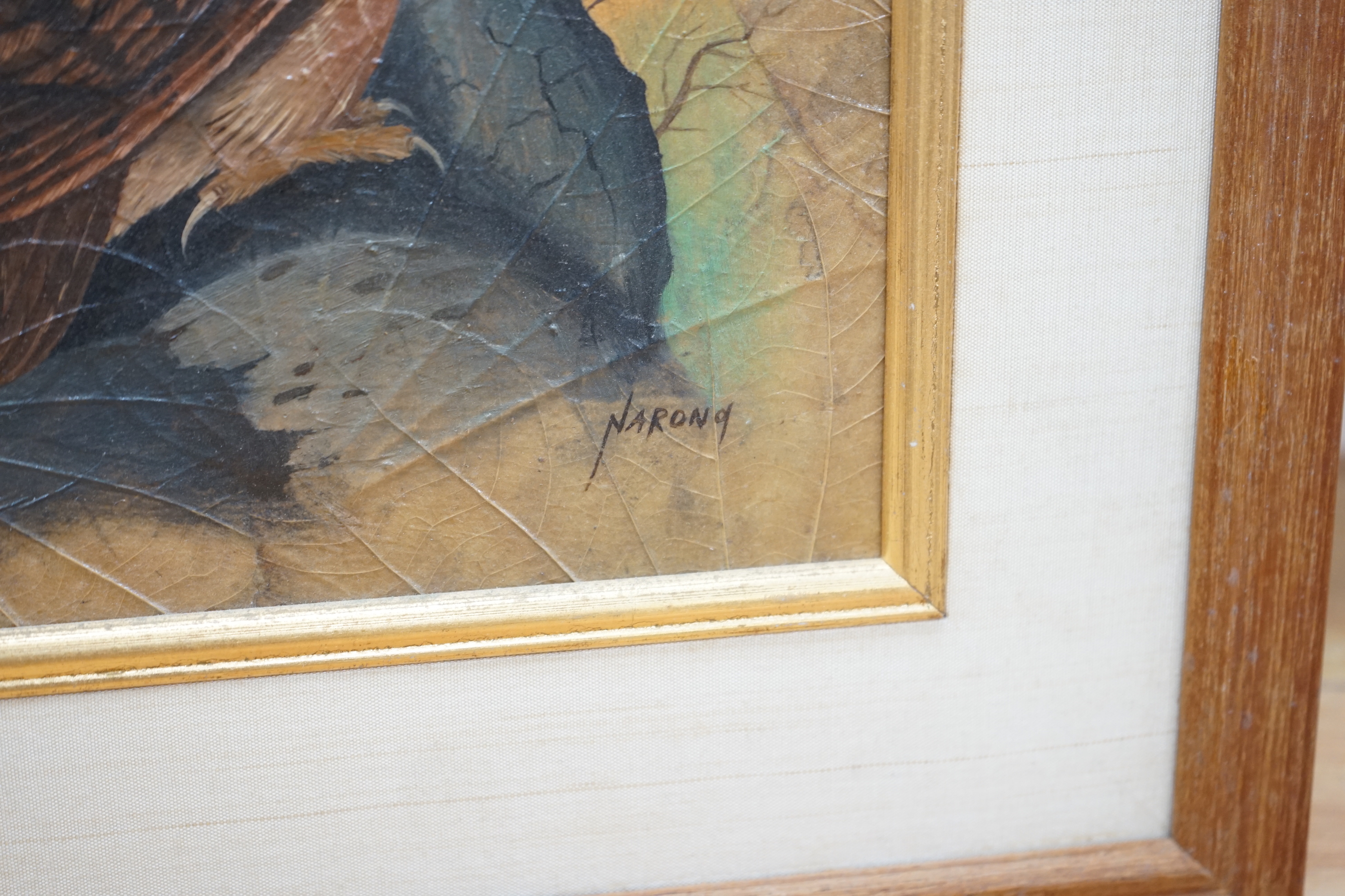 Narong, pair of Thai oil paintings on leaves, Kingfisher and Tawny owl, each signed, 24 x 20cm